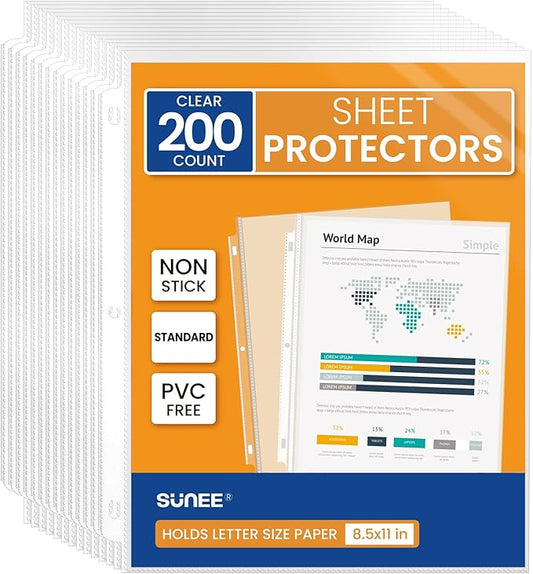 SUNEE Sheet Protectors 200 Packs for 3 Ring Binder, PVC-Free Clear Page Protectors 8.5x11 Inches Plastic Cover for Paper, Documents, Photos, Top Loading Binder Sleeves Letter Size