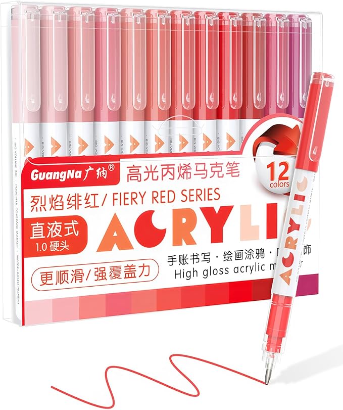 Guangna Acrylic Gel Pens 12 Color, Colored Pens for Journaling, Coloring Books, Calligraphy, Note Taking & DIY Crafts, RollerBall Pen Tip (Red)
