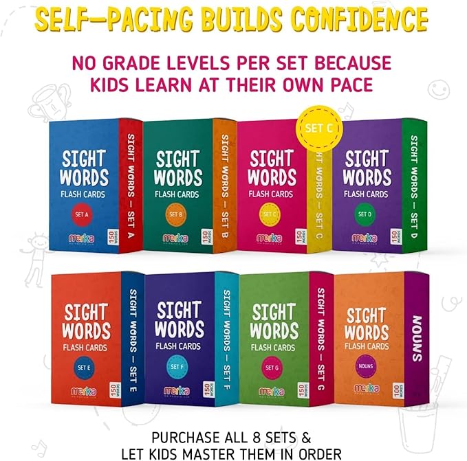 Merka 1st Grade Sight Words Flash Cards – 150 Plastic Dry-Erase Cards, Ages 5+ – 8 Color-Coded Sets for Reading & Phonics Practice