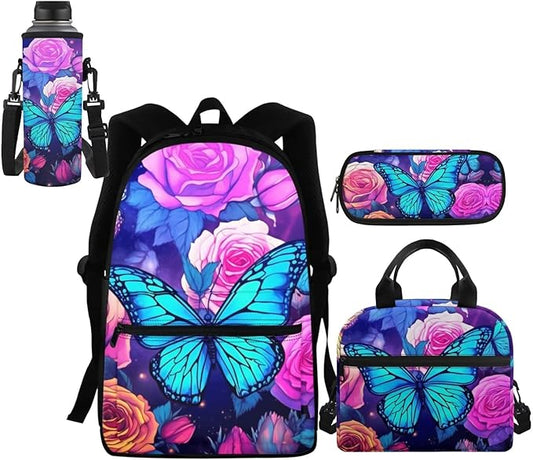 4 in 1 Butterfly Backpack for Girls with Lunch Box Pencil Purse Teen Girls School Bag Kids School Backpacks Primary Schoolbag Water Bottle Sleeve Elementary Preschool Kindergarten Bookbag