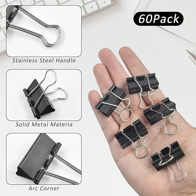 60 Pack Binder Clips Medium, 1.25 Inch/32mm Black Binder Paper Clips with Container,Big Paper Clamps for Office Supplies, Home, School,Business Document Organizing Paperwork (Black)