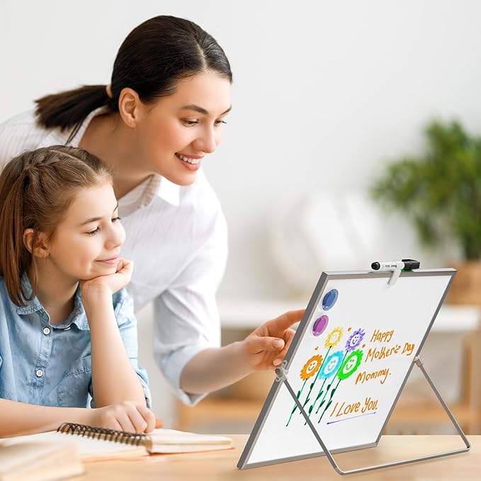 MaxGear Small White Board with Stand, 10" x 10" Double-Sided Magnetic Aluminium Frame Whiteboard, Mini Dry Erase Board for Drawing, Kitchen Grocery List, Memo, Planning