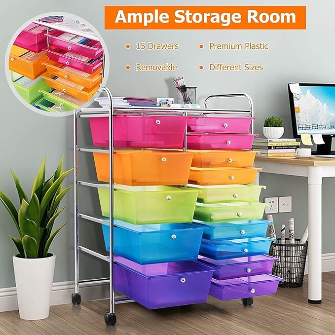 COSTWAY 15 Drawer Rolling Storage Cart, Mobile Utility Cart with Lockable Wheels, Drawers, Multipurpose Organizer Cart for Home, Office, School, Rainbow