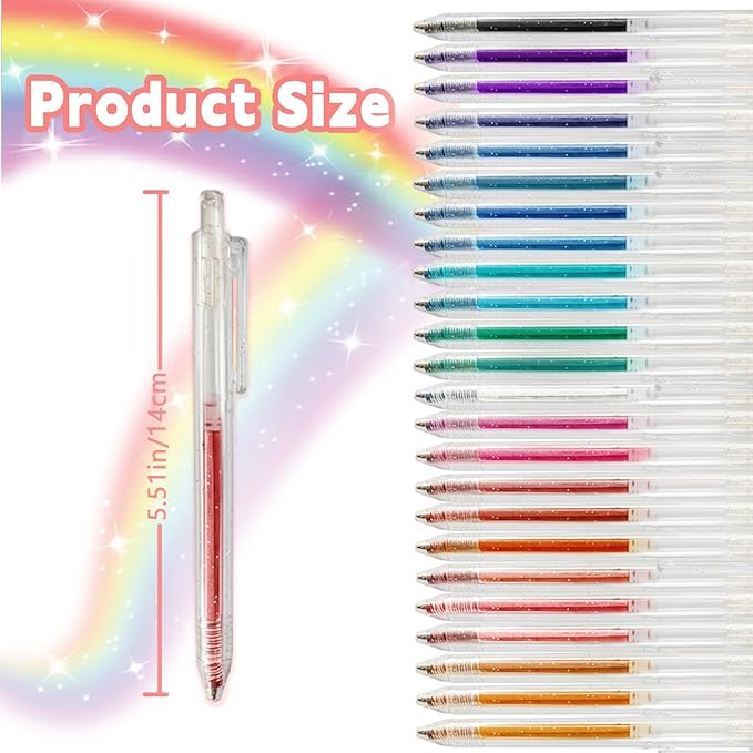 Glitter Gel Pens Retractable, 24 Colors Glitter Pens Set for Coloring, Journaling, Graffiti, Painting, DIY Greeting Cards, and Highlighting Key Notes - Smooth & Non-Toxic