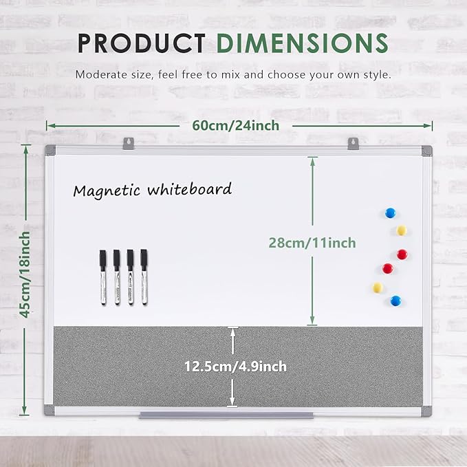 S SWANCROWN Magnetic White Board and Bulletin Cork Board Combination,24 x 18 Inch Dry Erase Board Bulletin Combo Board, Hanging Wall Mounted Message Board Corkboard for Home, School, Office
