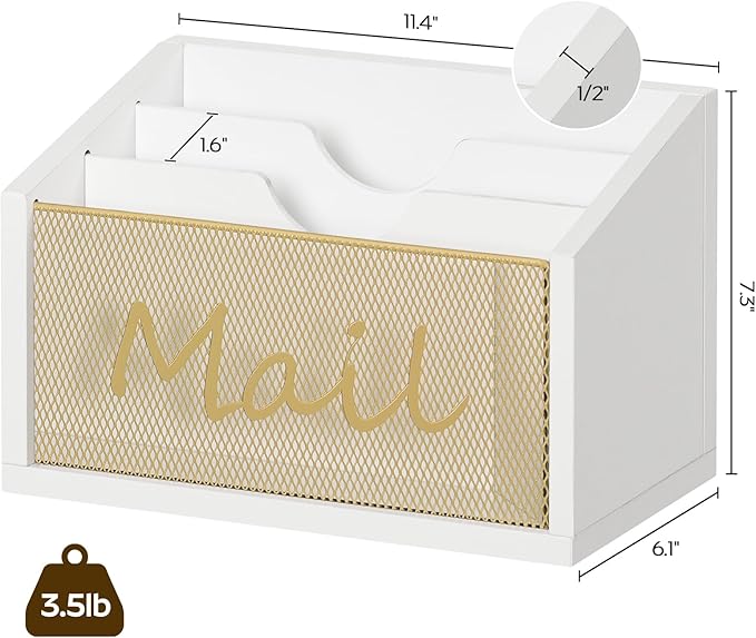 Mail Organizer Countertop, Mail Holder with 3 Slots, Mail Sorter for Desk, Wooden Office Desk Organizer, Mail Organizer for Magazines, Files, Papers, Folders, White and Gold MR03DW