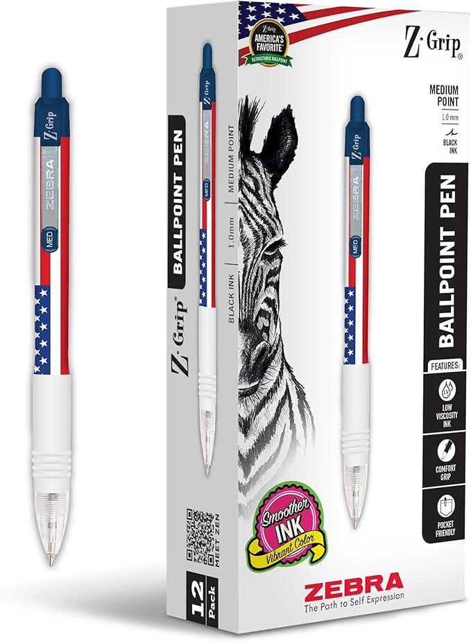 Zebra Pen Z-Grip Retractable Ballpoint Pen, 12-Pack American Flag Barrel, Black Ink, Medium Point 1.0mm, Soft Grip, Stylish Patriotic Design, Smooth Writing Pens (21775)