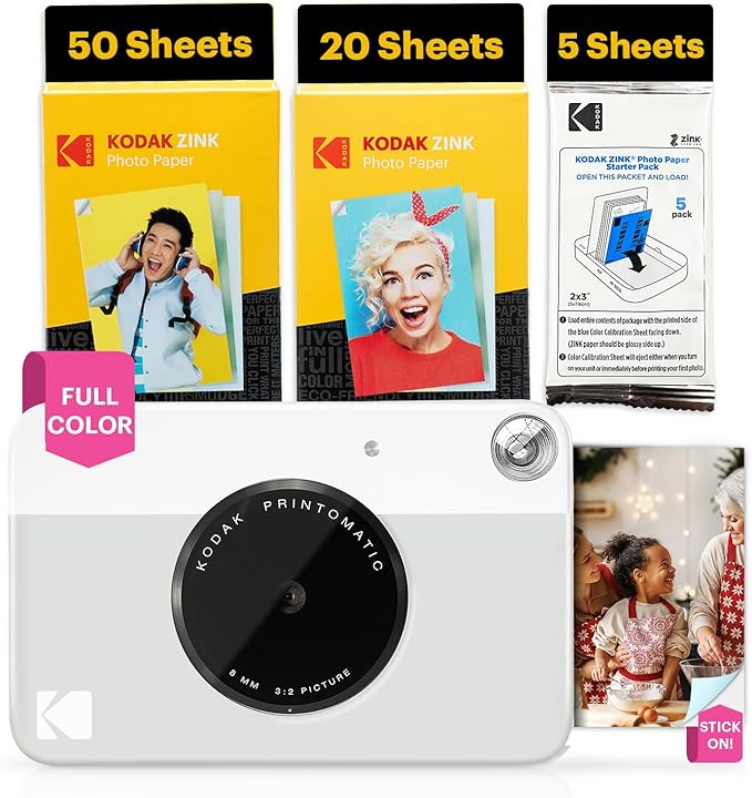 Kodak Printomatic Full-Color Instant Print Digital Camera - 75 Sheets Bundle - Prints On Zink 2x3 Sticky-Back Photo Paper - 5MP, Portable, Creative Fun Gift for Birthday, Christmas, Holiday - Grey