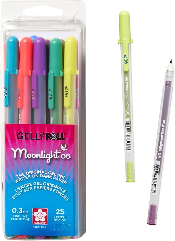 SAKURA Gelly Roll Moonlight 25 Pack, 06 Fine point, Bright Opaque Ink Gel Pens, Creamy Smooth Ink, Writes on Dark Paper