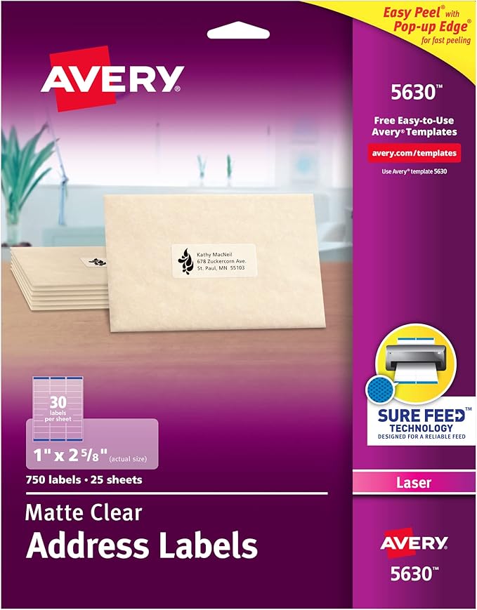 Avery Matte Clear Address Labels, Sure Feed Technology, Laser, 1" x 2-5/8", 750 Labels, 5 Packs (5630)