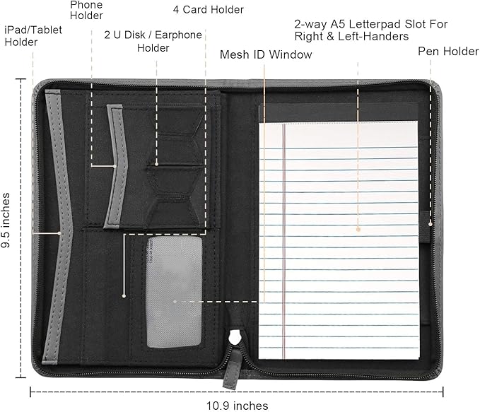 Junior Business Padfolio - A5 PU Leather Portfolio Binder & Zippered Binder Folder with 5 x 8 Writing Pad and Interior Storage Pocket Executive Business Organizer for Men Women,Gray