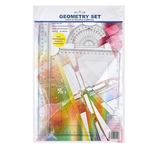 Coopay 12 Inch Math Geometry Tool Plastic Ruler Square Set Includes Straight Ruler, Triangles, Protractor for Student School Office Supplies (Clear)