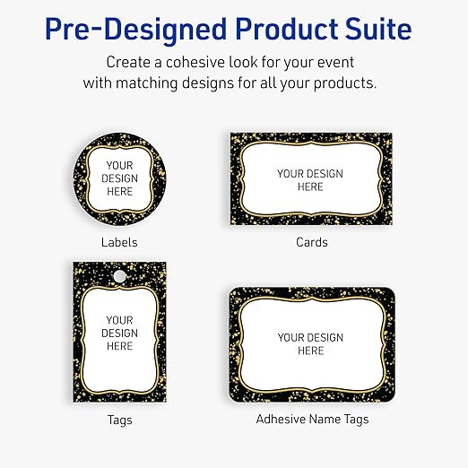 Avery Printable Adhesive Name Badges, 2-1/3" x 3-3/8", Pre-Printed Black Border with Metallic Gold Specs Design, Matte White, Laser & Inkjet Compatible, 80 Total