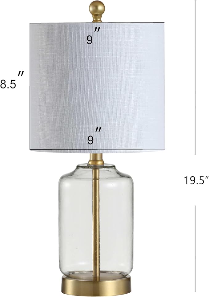 JONATHAN Y 19.5" Brass Gold and Clear Glass Table Lamp, Glam Transitional Bedside Lamp for Living Room Nightstand, White Linen Drum Shade, LED Bulb Included JYL1033A