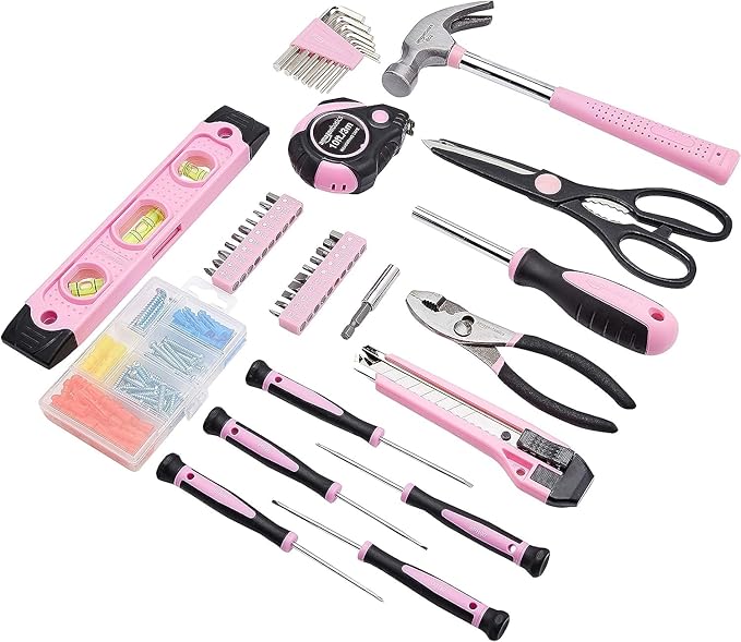 Amazon Basics 142-Piece Household Tool Kit for Home Repair,Hand Tools with Storage Case,13.39 x 9.25 x 2.95 inch,Pink,(Pack of 4)