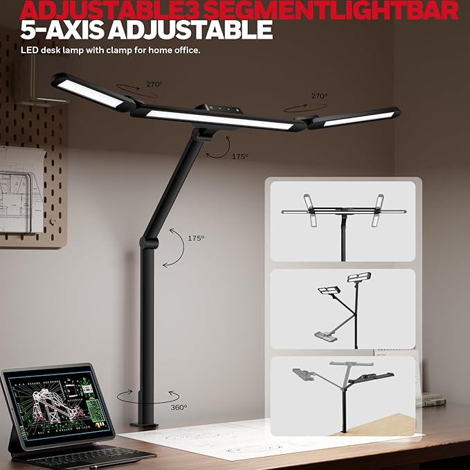 Honeywell Wide Desk Lamp with Clamp for Dual Monitors,22W Full-Spectrum Eye-Caring LED Light Bar for Home Office, 3-Section Adjustable Design with Stepless Dimming
