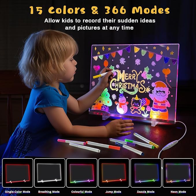 Acrylic Dry Erase Board with Light, 13.7"x10" 15 Colors LED Note Board with Remote & 366 Modes, Dimmable Light Up Message Board Desktop Memo Board, LED Drawing Board for Kids Girls Boys (Remote)