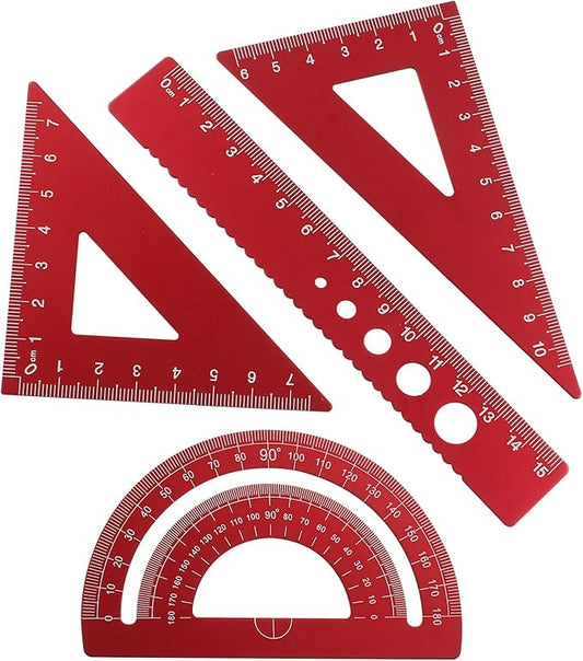 4 Pcs Triangular Ruler Set, Aluminum Alloy Geometry Tools, Metal Drafting Ruler for Students, Draftsmen, Engineers, School Office Supplies with Protractor & Metric Scales (Red)