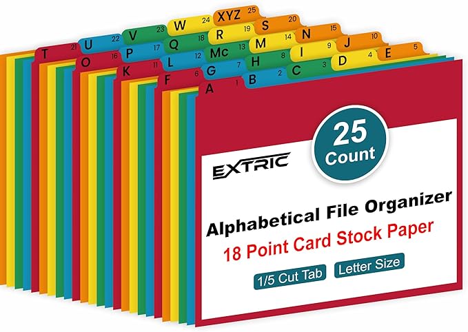 EXTRIC Alphabetical File Organizer, 25 Alphabet Dividers with Tabs for File Cabinet and Desk Organization Standard Letter Size A-Z Filing Dividers, 5 Assorted Colors with 1/5 Cut Tab Positions