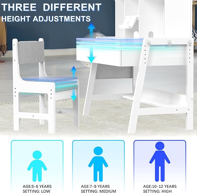 GDLF Kids Study Desk and Chair Set, Adjustable Children Study Table with Chair, Kids Wooden Desk with Hutch, Drawers, Book Stand, Whiteboard and Fabric Storage Bag for 5-12 Years Old