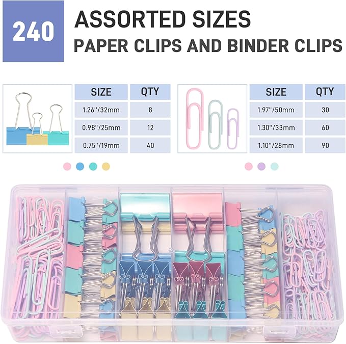 240PCS Colored Assorted Size Paper Clips and Binder Clips, Paperclips Large Medium Small, Binder Clip and Paper Clip Set for Home, School, and Office Supplies in a Container with Compartments