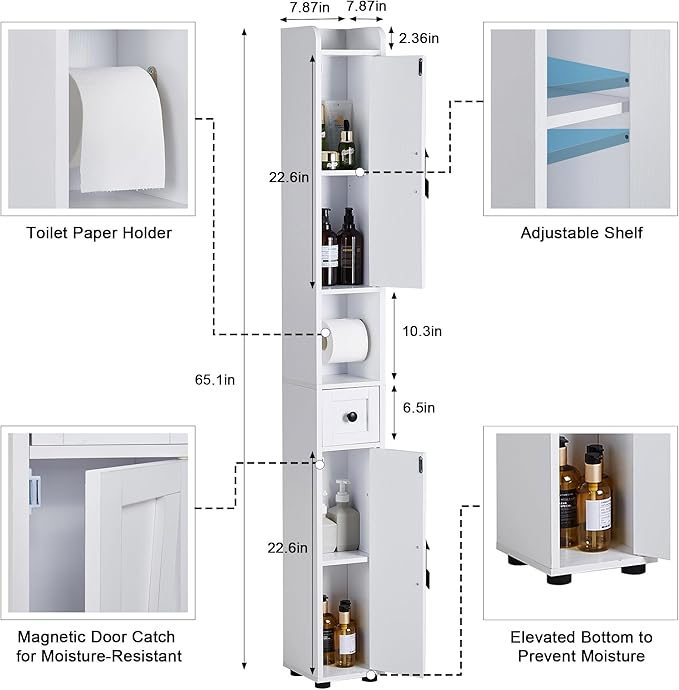 VECELO Tall Narrow Storage Cabinet with Adjustable Shelves, Slim Freestanding Bathroom Cabinet with Toilet Paper Holder, 2 Magnetic Doors & Drawer, for Small Spaces, 7.9" D x 7.9" W x 67" H, White