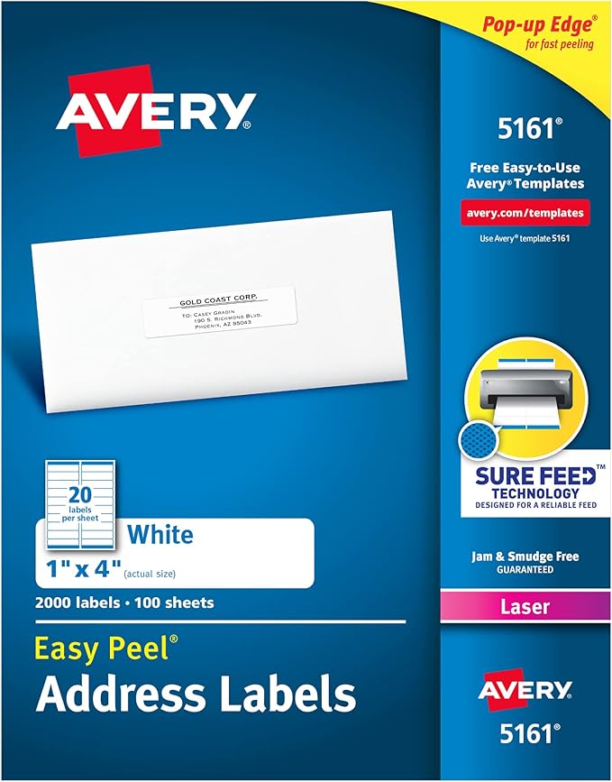 Avery Mailing Address Labels, Laser Printers, 2,000 Labels, 1 x 4, Permanent Adhesive, 5 Packs (5161)