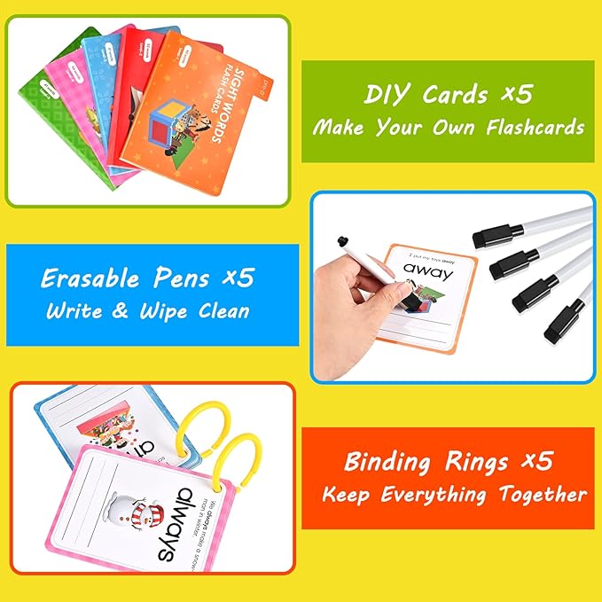 Goldge Sight Words Flash Cards Kindergarten, 220+ High-Frequency Words with Sentences Reading Writing Spelling Practice Cards with Dry Erase Markers, Learning Activities for Preschool Grade 1 2 3