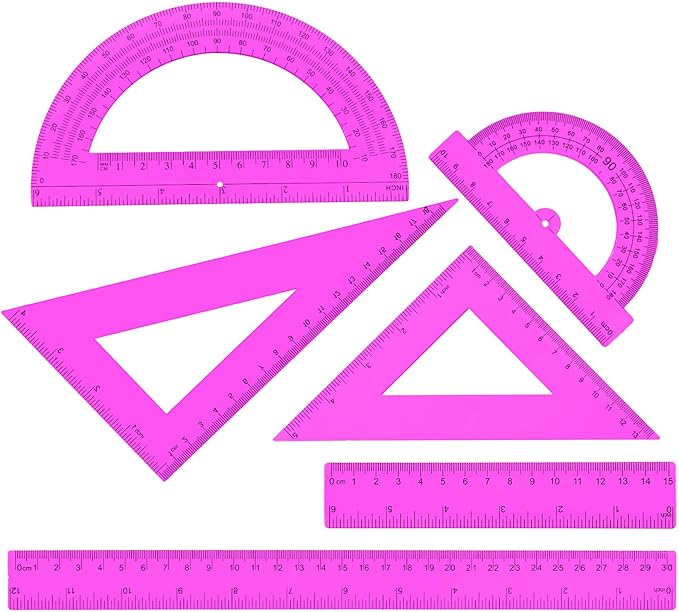 6 PCS Plastic Ruler Set Includes Transparent Ruler 12 & 6 Inch, Clear Protractor, and Triangle Rulers, Purple Rulers Math Geometry Set Measuring Tool for School Supplies Home Office Drawing