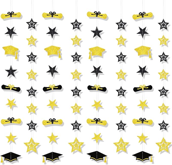 8 Pack 2026 Graduation Party Decorations - Black Gold Glitter Backdrop with Cap, Diploma & Star Garland Banner Hanging Decor - Perfect for High School, College, and Middle School Graduation Parties