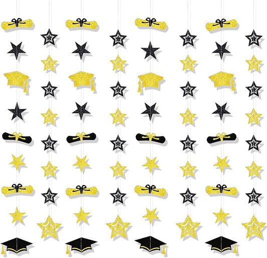 8 Pack 2026 Graduation Party Decorations - Black Gold Glitter Backdrop with Cap, Diploma & Star Garland Banner Hanging Decor - Perfect for High School, College, and Middle School Graduation Parties