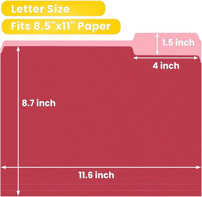 SUNEE File Folders, 18 Pack Manilla Folders 8.5 x 11, Colored File Folders Home Office School Supplies for Documents Files Paper, Red