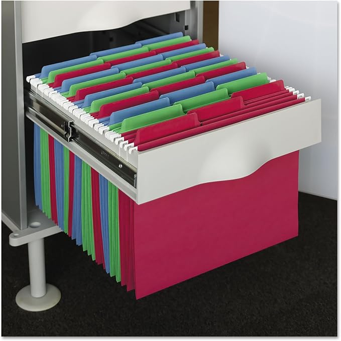 Smead Erasable FasTab Hanging File Folder, 1/3-Cut Built-in Tab, Letter Size, Assorted Primary Colors, 18 per Box (64031), Primary Color Assortment