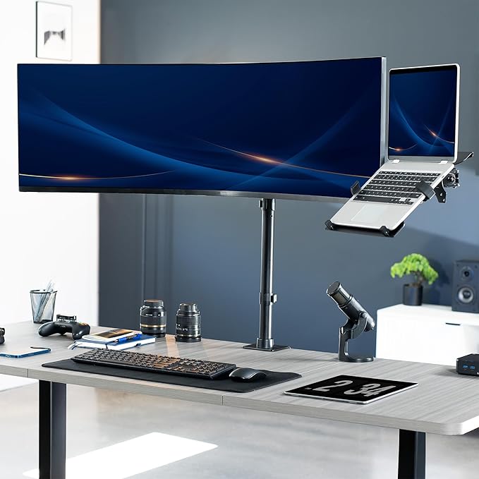 VIVO Ultrawide Monitor + Laptop Mount for up to 49 inch Screens and 10 to 15.6 inch Laptops, Double Screen Viewing, Smooth Articulation, Black, STAND-V113L