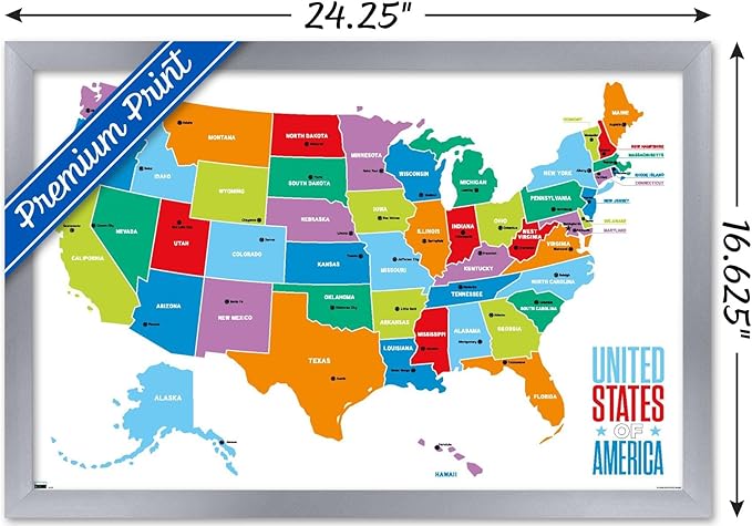 Trends International Map - United States Of America 2022 Wall Poster, 14.725" x 22.375", Silver Framed Version