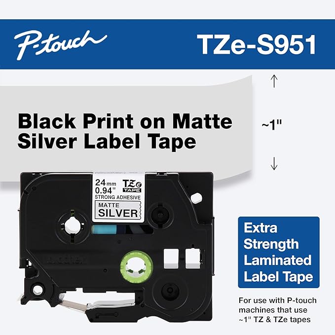 Brother Genuine P-touch TZE-S951 Tape, 1" (0.94") Wide Extra-Strength Adhesive Laminated Tape,Black on Matte Silver,Laminated for Indoor or Outdoor,Water-Resistant, 0.94" x 26.2' (24mm x 8M), TZES951