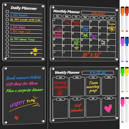 FINDMAG Acrylic Calendar for Fridge, 2026 Magnetic Calendar for Refrigerator, 4 Pack Dry Erase Whiteboard Planning Board Monthly Weekly Wall Fridge Calendar Meal Board Menu Planner with 8 Markers