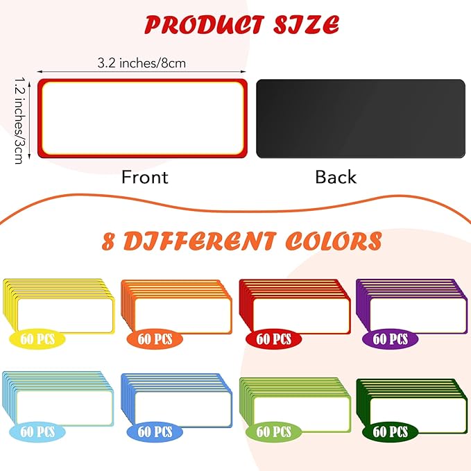 480 Pcs Magnetic Dry Erase Labels Reusable Name Tag Writable Stickers Colored Magnets Magnetic Strips for Whiteboard Rectangle Blank Name Plates for Lockers(Simple Style,3.2 x 1.2 in)
