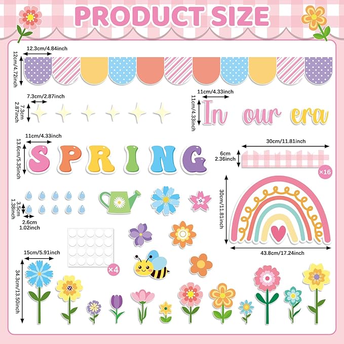 Spring Bulletin Board Decoration Set Floral Classroom Decoration Flowers Rainbow Bee Paper Cutouts in Our Spring Era Bulletin Board for School Office Home Nursery Chalkboard Wall Decor Party Supplies