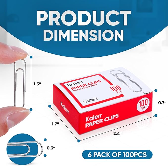 Paper Clips, 600 Pcs Paperclips (6 Boxes of 100 Each), Premium Paper Clip, 1-2/7" Silver Paper Clips Medium (1.3 Inches), Rustproof Metal Paper Clip for Office, School, Home