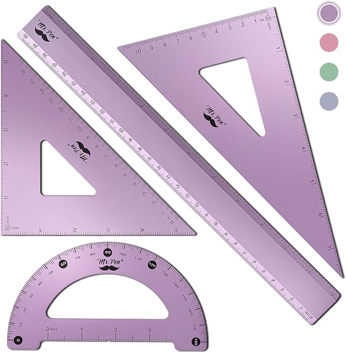 Mr. Pen- Geometry Set, 4 Pack, Blue Magenta Color, Metal Geometry Kit, Triangle Ruler, Metal Ruler, Drafting Triangles, Metal Protractor, Metal Set Square, Drafting Ruler, Drafting Set