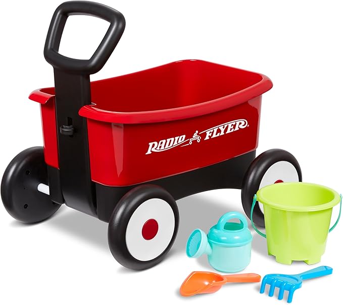 Radio Flyer My 1st Wagon 2-in-1 Walker & Pull Wagon with Beach and Garden Tools for Toddlers Ages 1-4, Red Amazon Exclusive