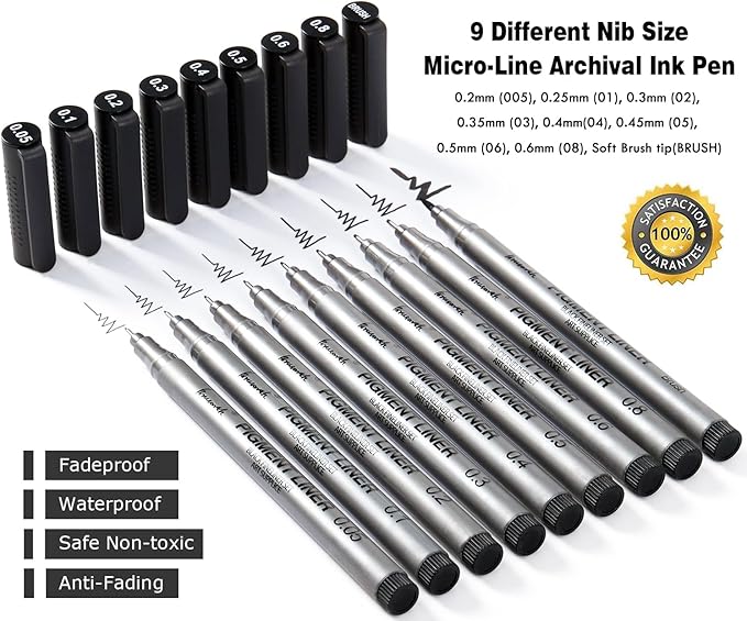 Precision Black Micro-Pen Fineliner Ink Pens, Waterproof Archival Ink, Drawing Pen, Artist Illustration Pens, Multiliner, for Art Watercolor, Sketching, Anime, Manga, Design, 9/Set(Black)