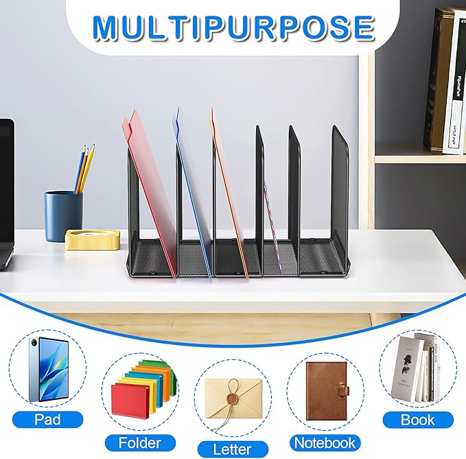 5 Sections Desk File Holder/Rack/Sorter,Mesh File Organizer,File Folder Organizer,Metal Upright Desktop Organization for Documents,Magazine,Kitchenware,Antiskid,Antirust,Sturdy,2 Packs