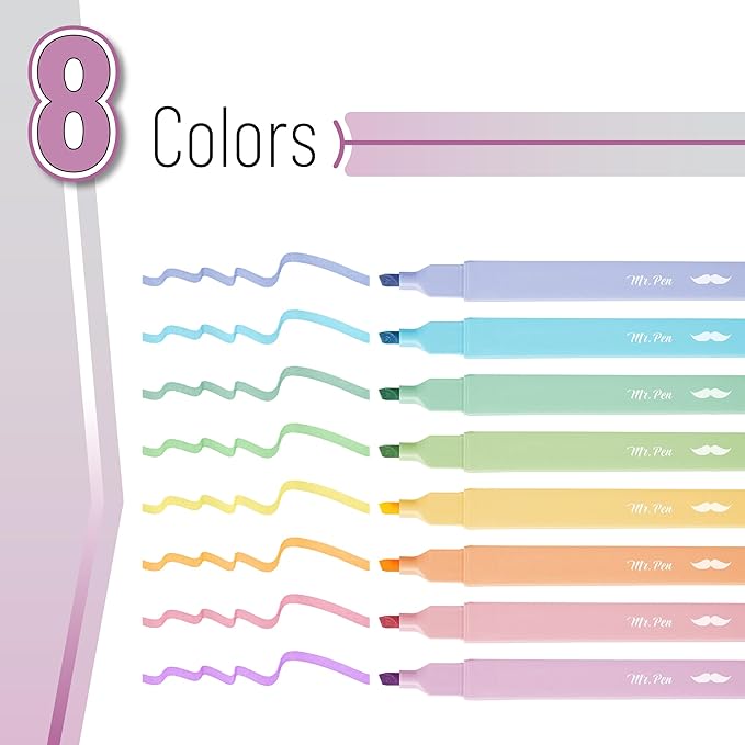 Mr. Pen- Aesthetic Highlighters, 8 pcs, Chisel Tip, Pastel Colors, Cute Highlighters Assorted Colors (Pack of 2)