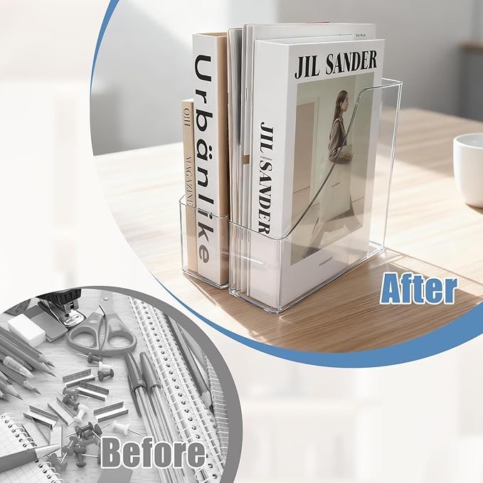 2PCS Acrylic Desk Organizers with Handle, 5 Vertical Compartments Detachable Magazine Rack, Office Desktop Workspace Organization Storage Rack for Office Home School