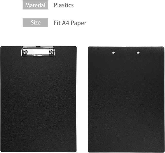 BOMKEE Black Clipboard, 10 Pack A4 Letter Size Clipboard Plastic Clipboards with Low Profile Metal Clip and Hanging Hole for Office and Home