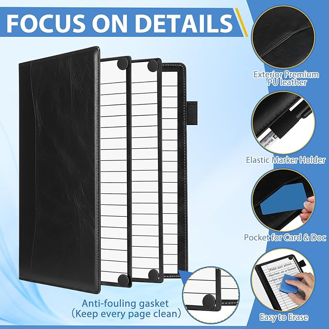 6 Sides Dry Erase Notebook Portable Whiteboards Notebook Small Reusable College Ruled Lined Board Folding Mini Travel Dry Erase White Board for Office Study(Black,A6: 5 x 7 Inches)