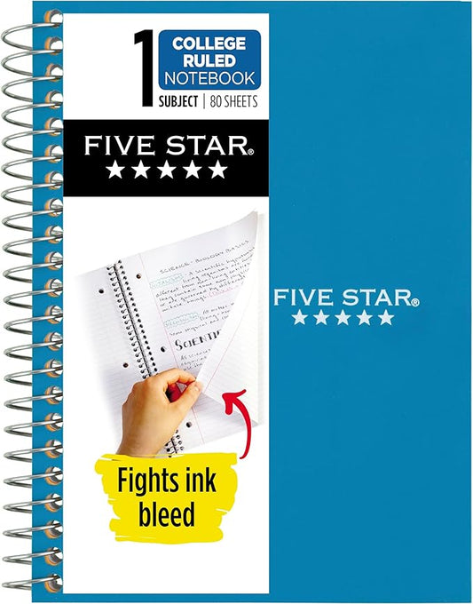 Five Star Spiral Notebook, 1 Subject, College Ruled Paper, 4-3/8" x 7", Personal Size, 80 Sheets, Fights Ink Bleed, Water Resistant Cover, Tidewater Blue (450048CG1-ECM)