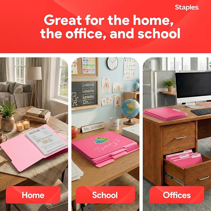 Staples Reinforced Colored File Folders, Letter Size, 3‑Tab Design, Pink, Heavy‑Duty Paper Stock, 100/Pack